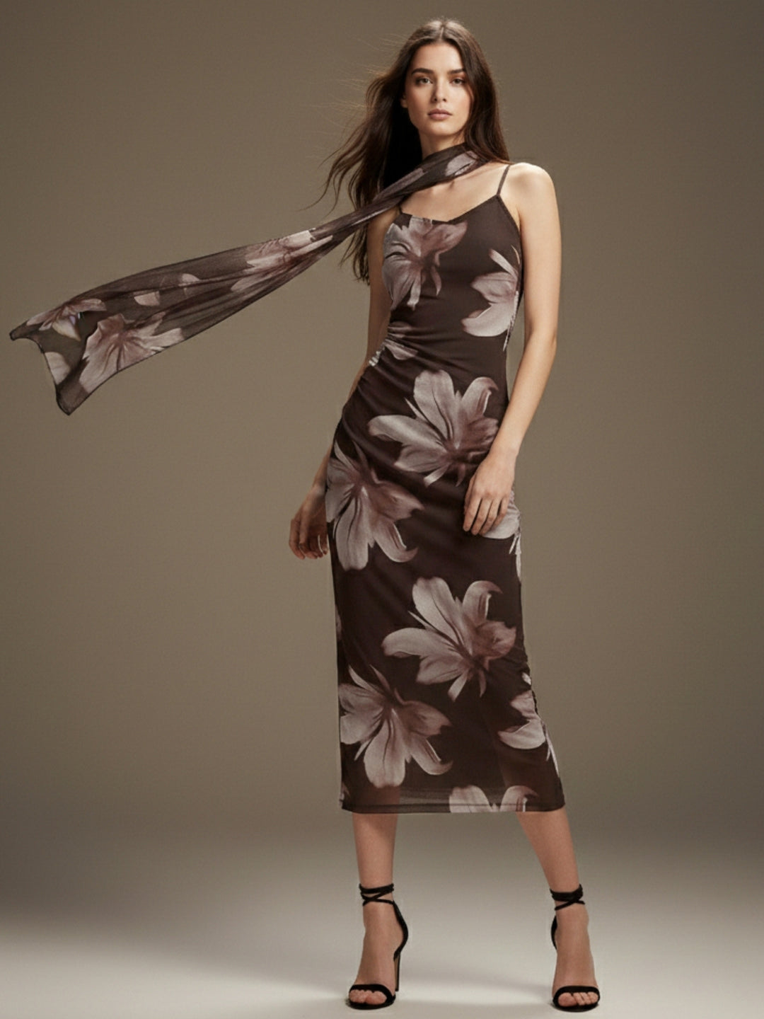 Brown Strappy Printed Mesh Dress With Scarf Detail