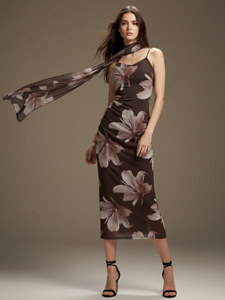 Brown Strappy Printed Mesh Dress With Scarf Detail