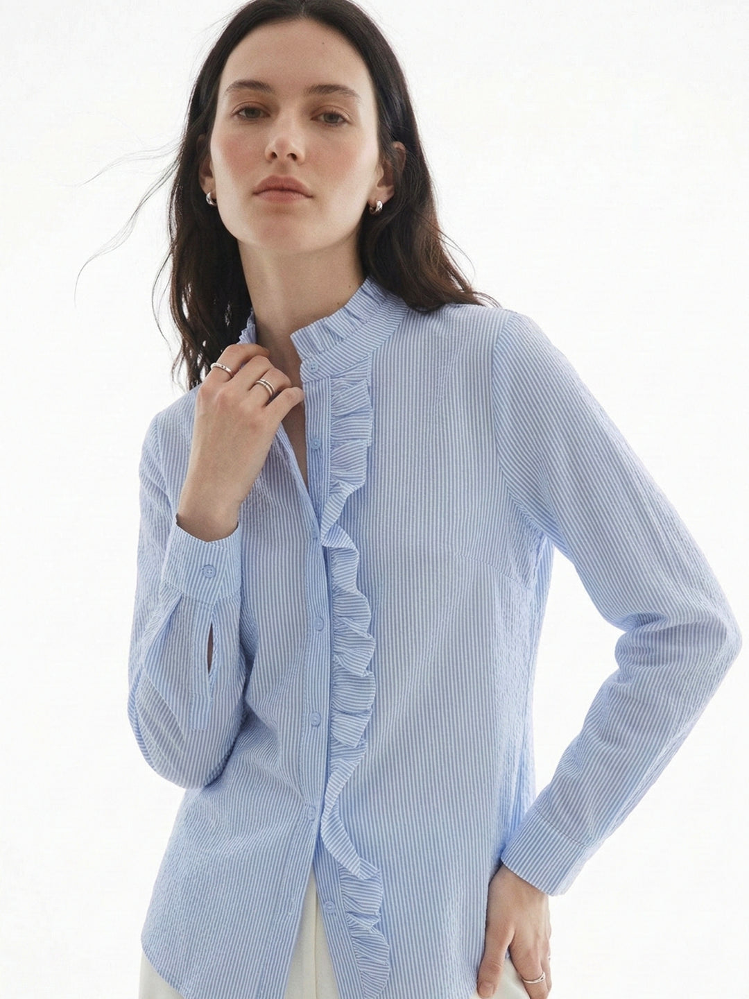 Blue Full Sleeve Ruffle Detail Shirt