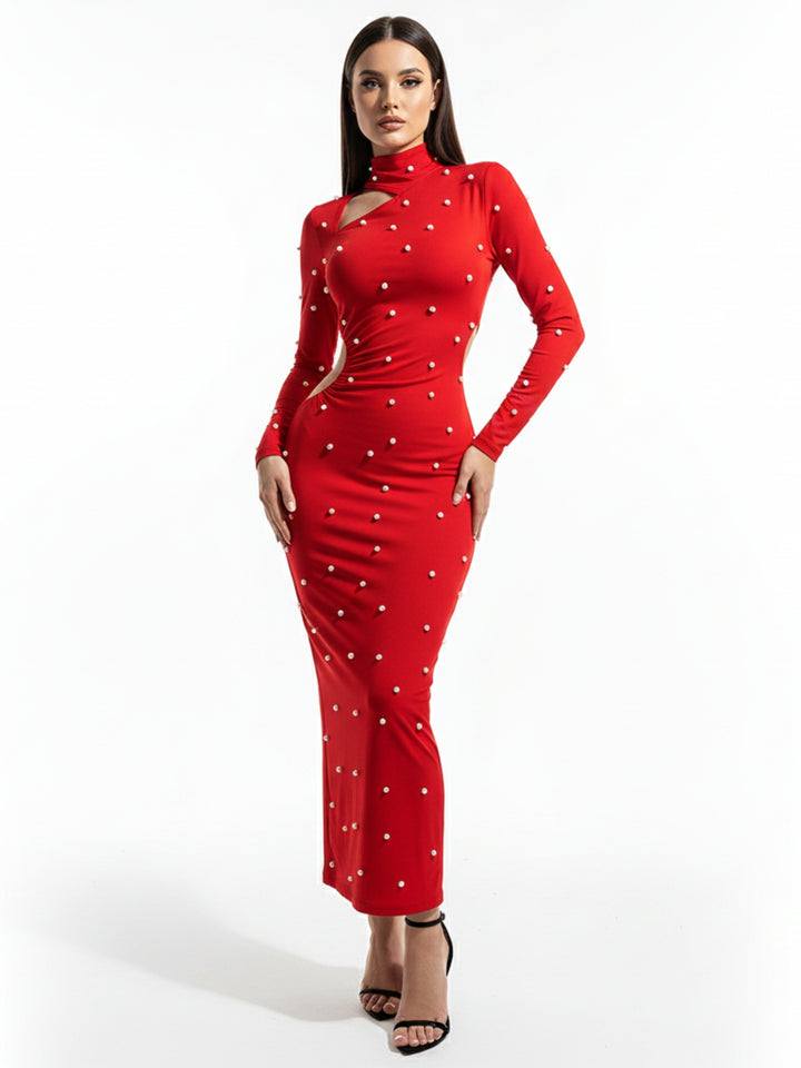 Red Full Sleeve Cut-Out Detail Mock Neck Dress