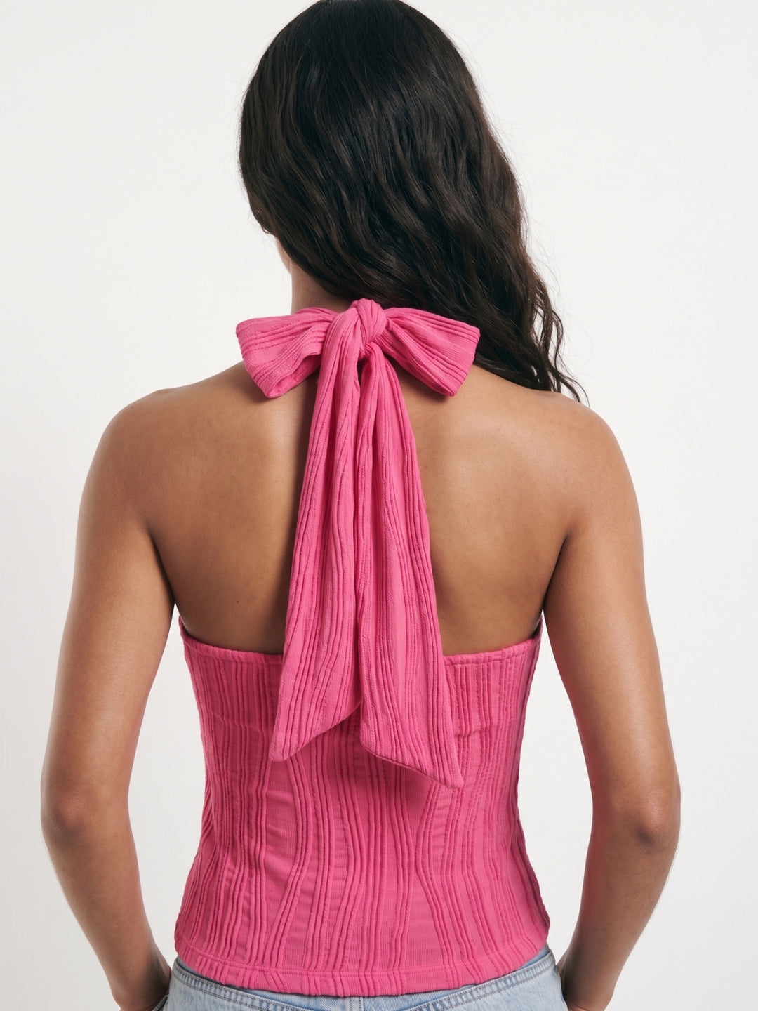 Pink Backless Halter-Neck Crop Top