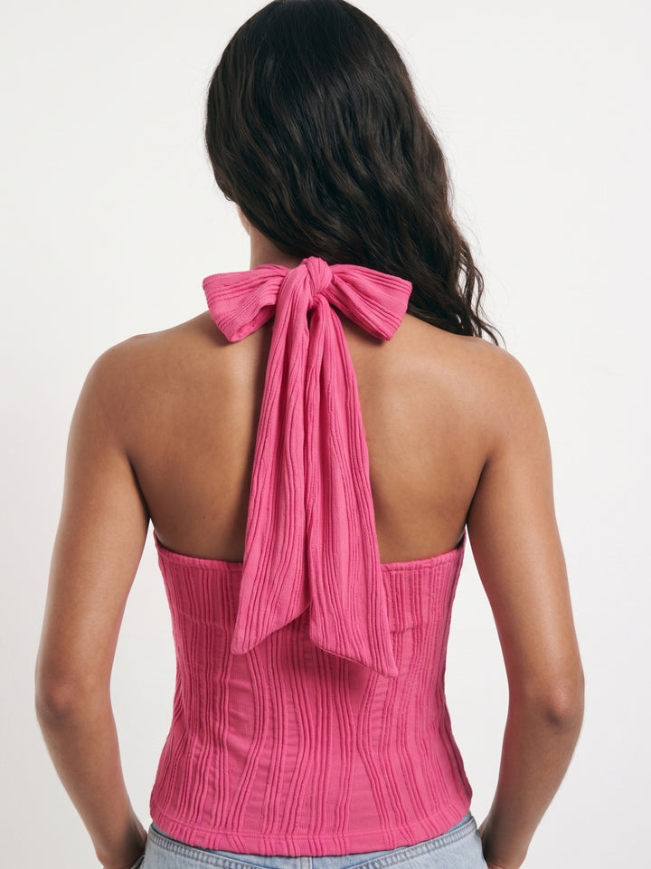 Pink Backless Halter-Neck Crop Top