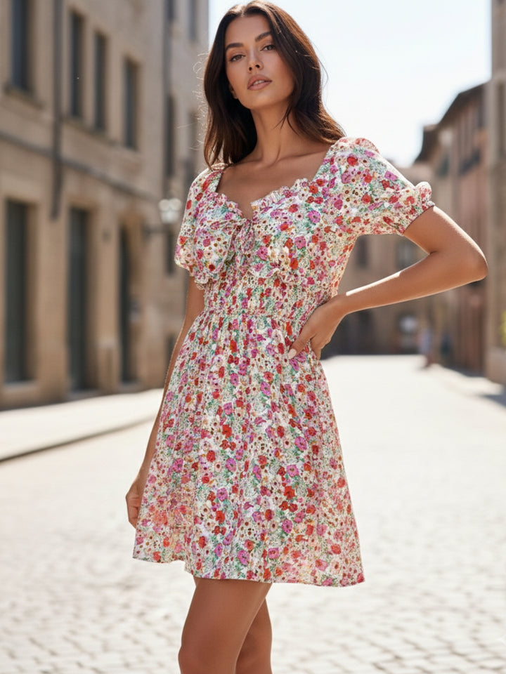 Multi Puff Sleeve Sweetheart Waist Fitted Dress