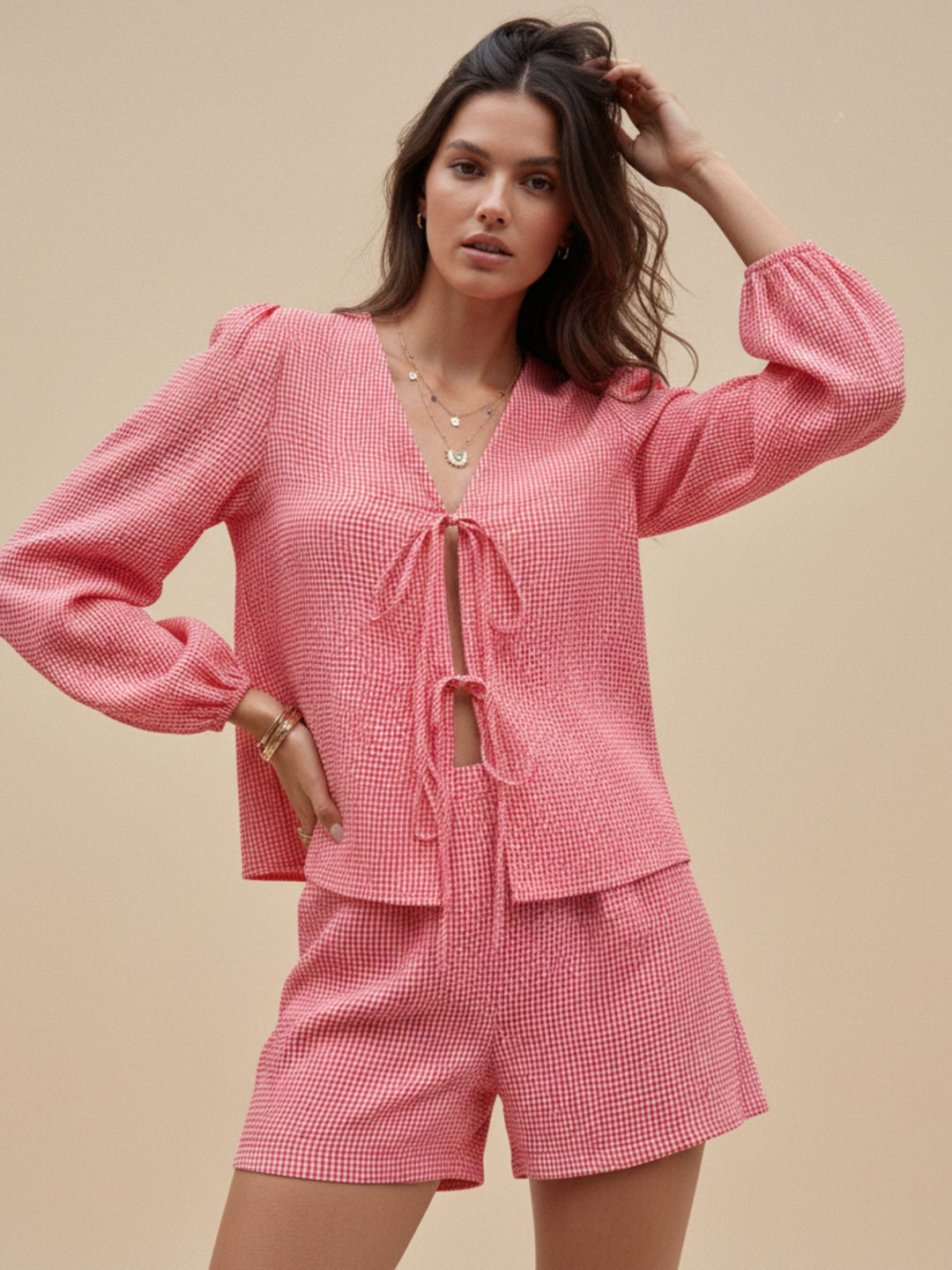 Pink Bishop Sleeve Front Bow Top And Short Set