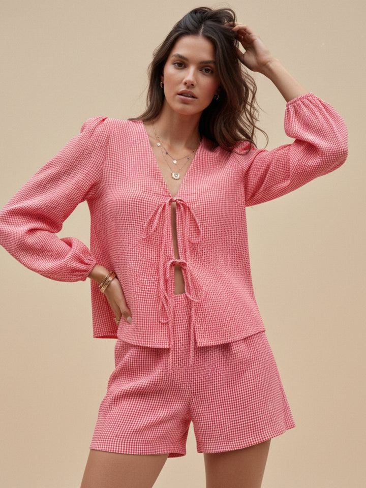 Pink Bishop Sleeve Front Bow Top And Short Set