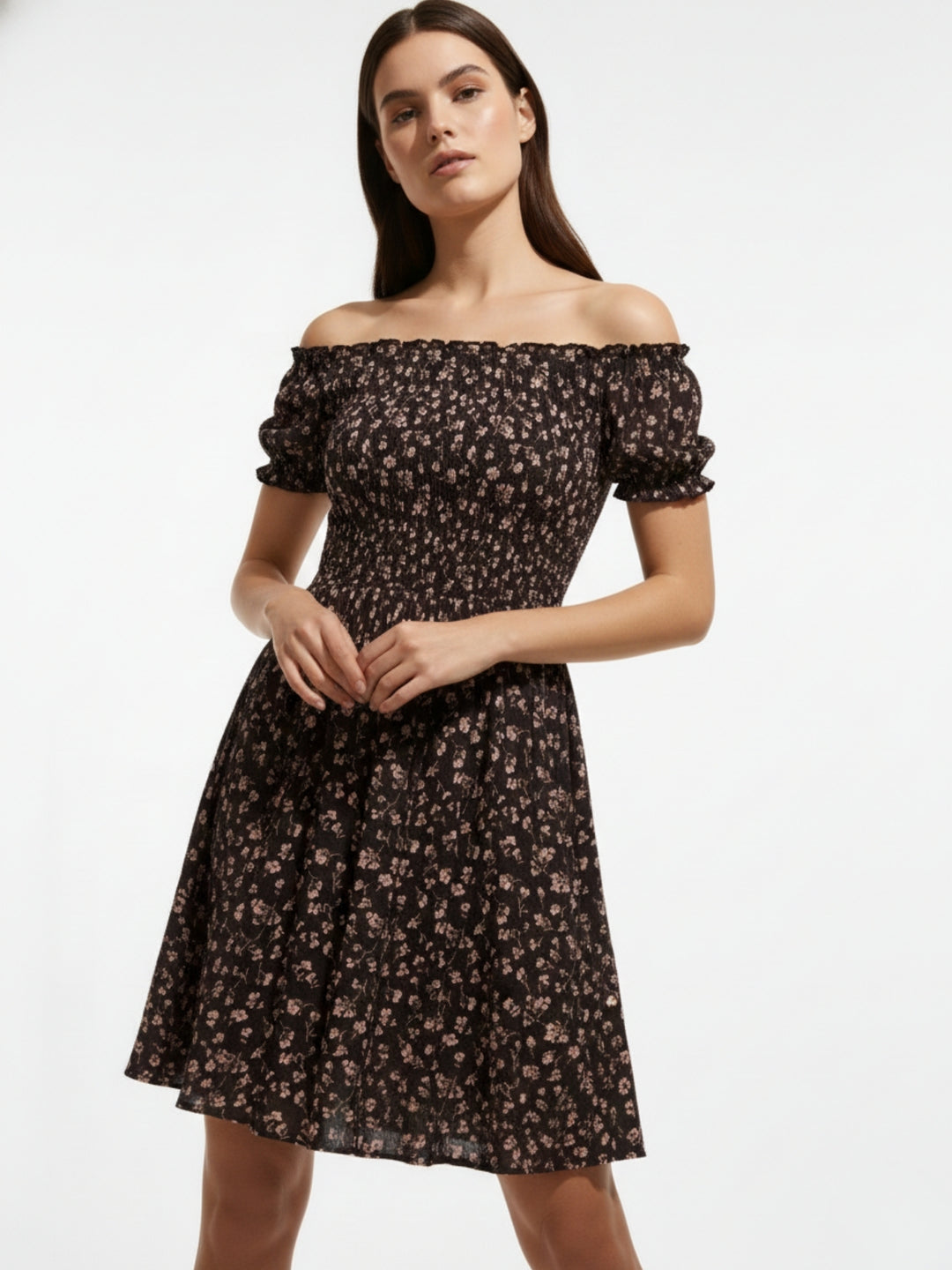 Black Off Shoulder Mini Dress With Smocking Detail