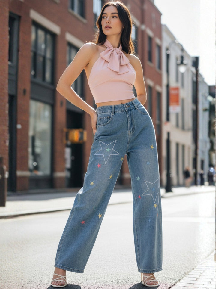 Light Blue Printed Washed Effect Jeans