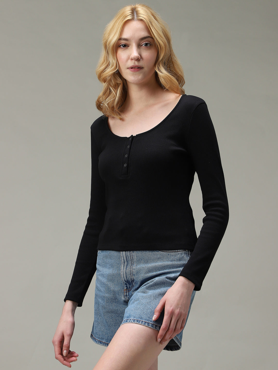 Black Button Down Ribbed Knit Top