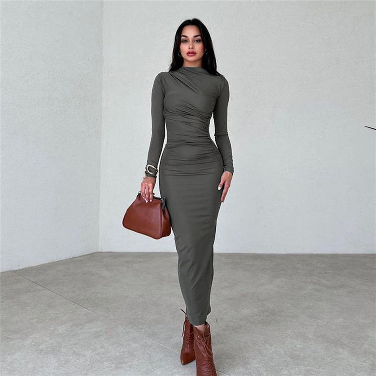 Solid Charcoal Side Ruched Dress