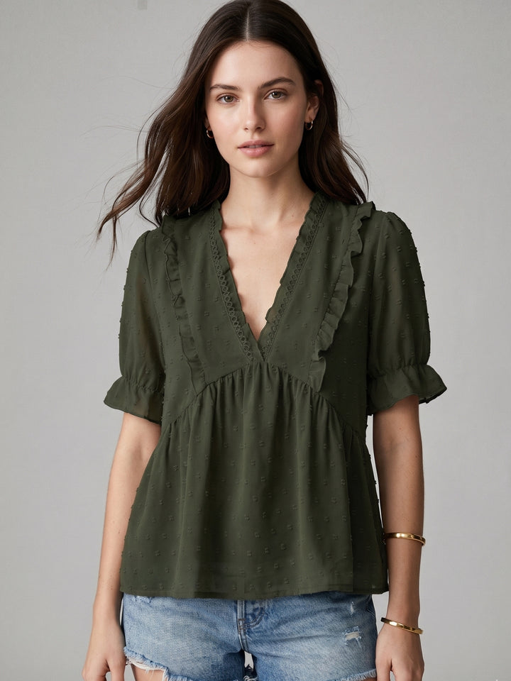 Green Ruffle Sleeve V Neck Top