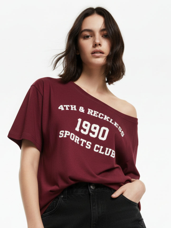 Maroon Off-Shoulder Graphic Printed T-Shirt