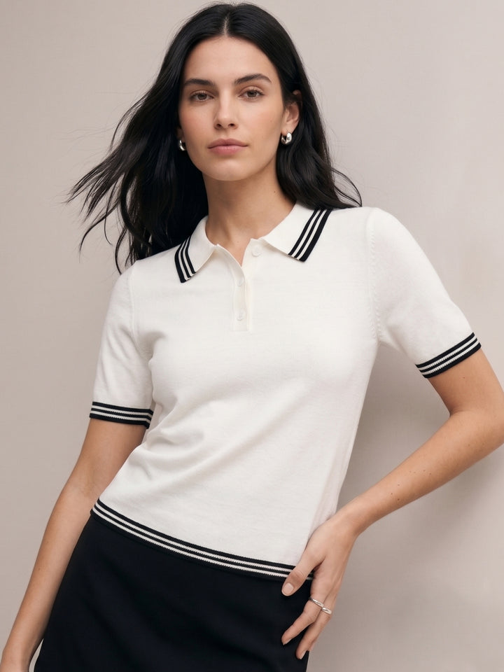 White Contrast Striped Polo Collared Top