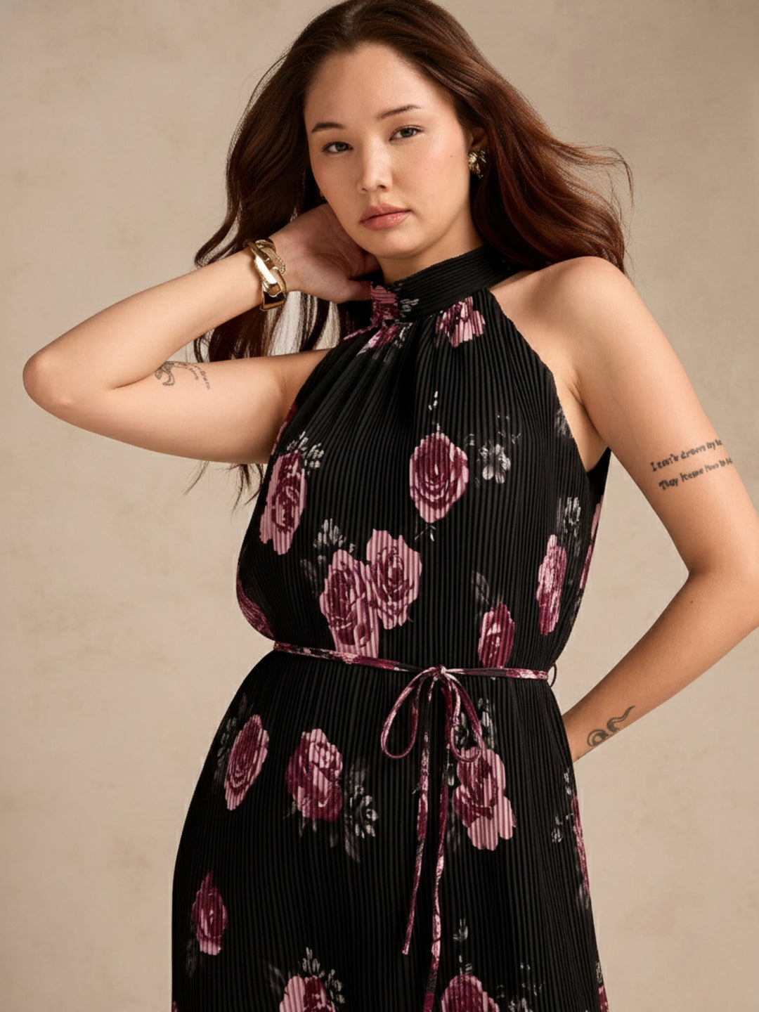 Black Halter Neck Floral Printed Dress
