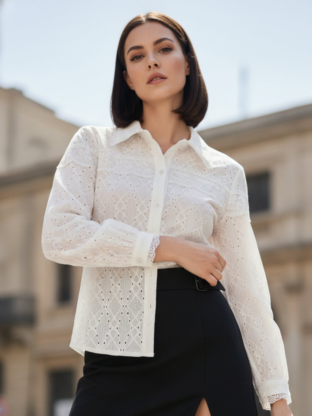 Off White Textured Stylized Collar Shirt