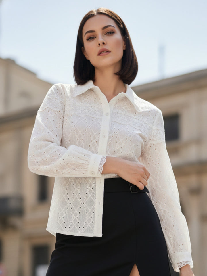 Off White Textured Stylized Collar Shirt