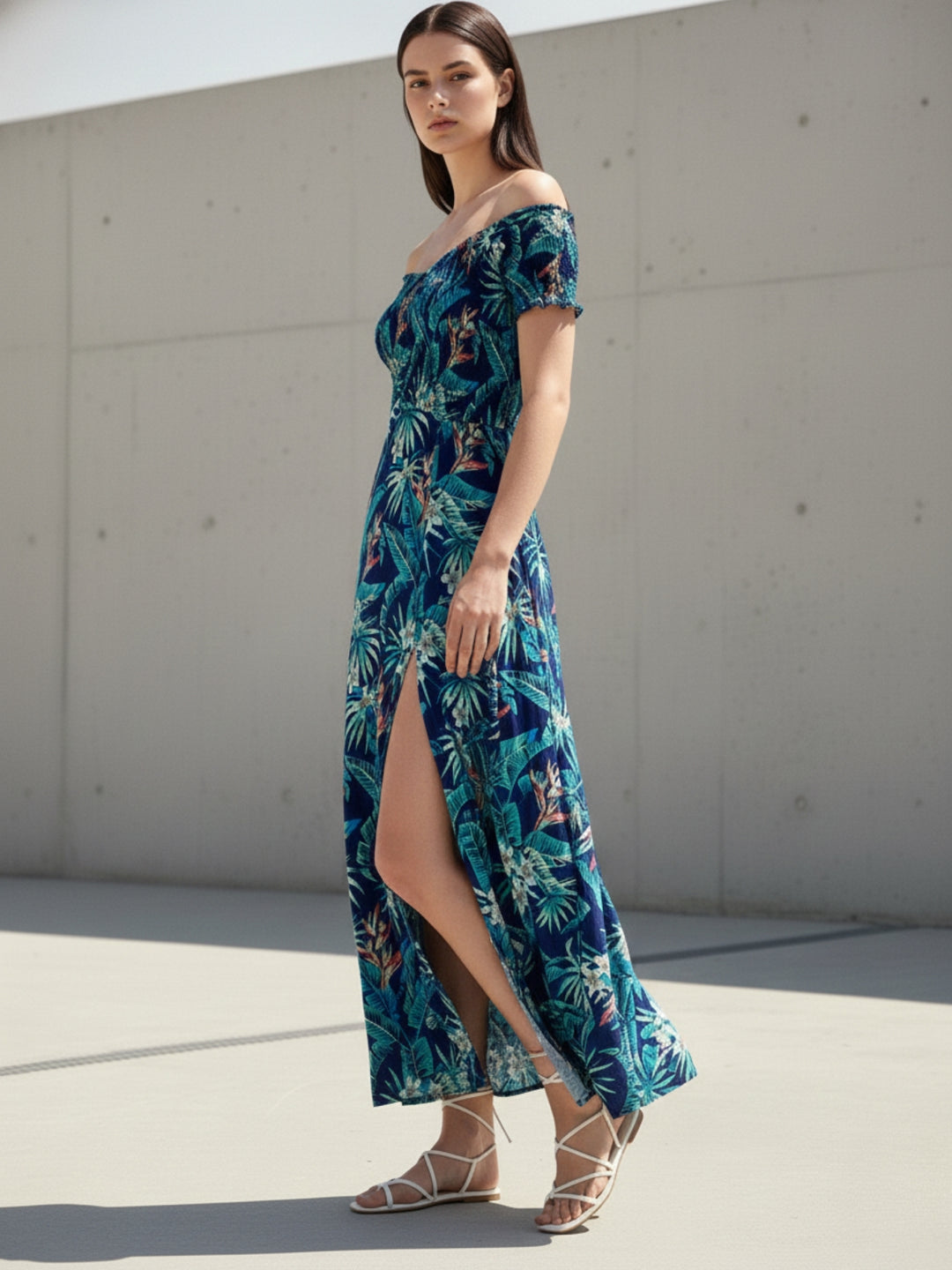 Blue Off Shoulder Printed Dress