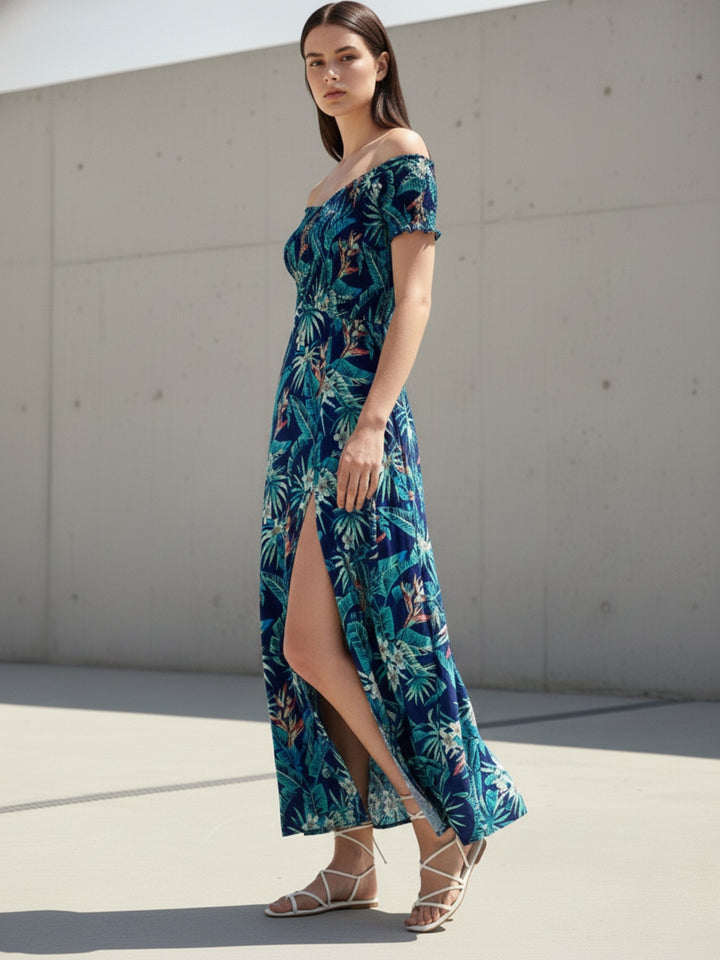 Blue Off Shoulder Printed Dress