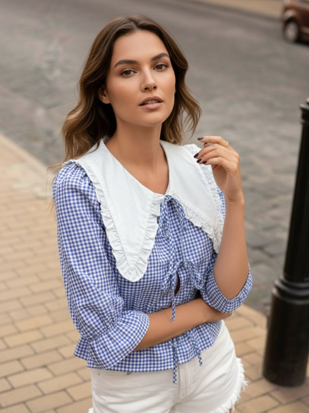 Blue Peter Pan Collar Front Tie-Up Top