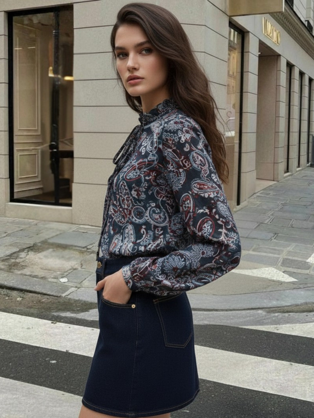 Blue Printed  Full Sleeves Top With Button Details