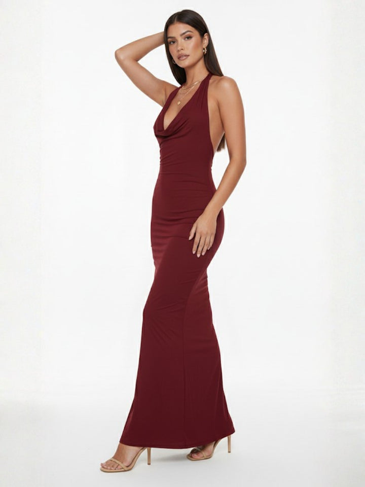 Maroon Halter Cowl Neck Dress