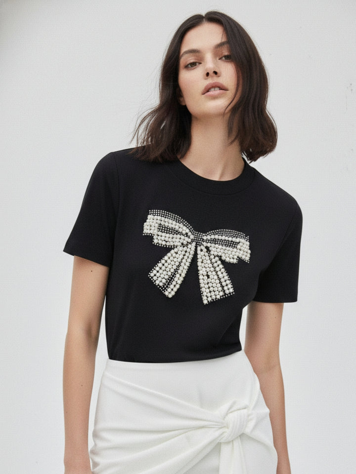 Black Embellished Large Bow T-Shirt