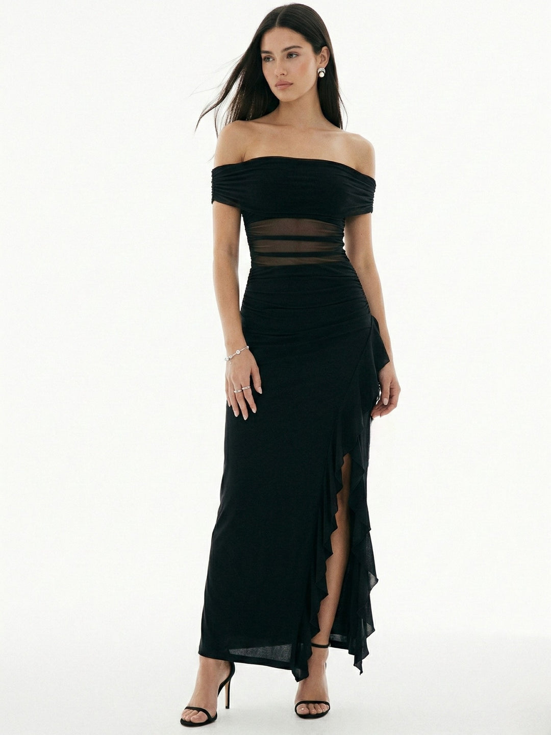 Black Off-Shoulder Ruffle Maxi Dress