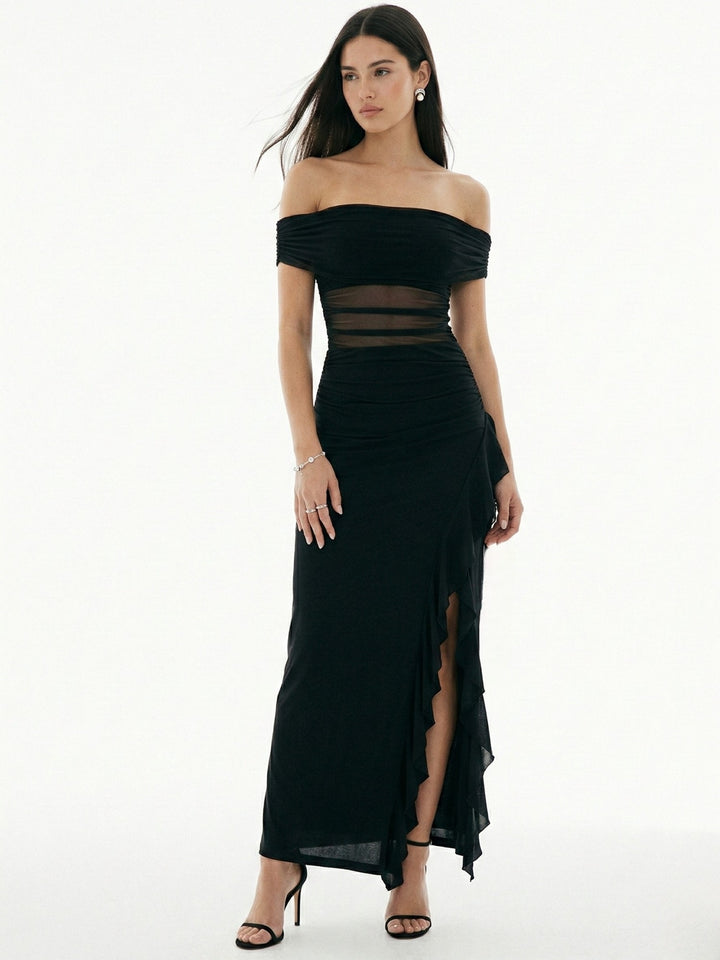 Black Off-Shoulder Ruffle Maxi Dress