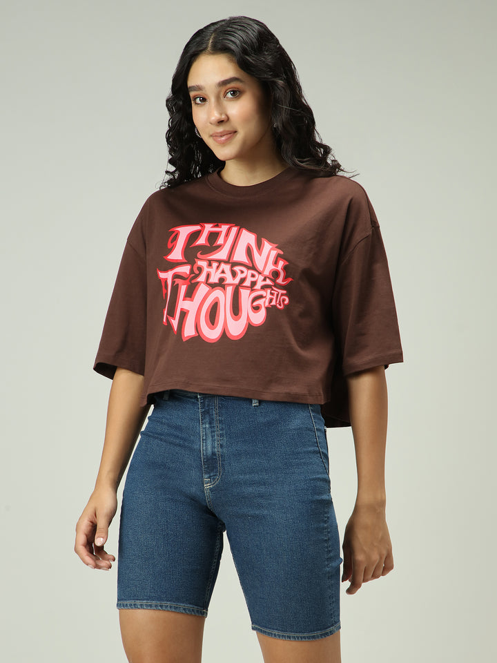 Brown Graphic Cropped Boxy T-Shirt