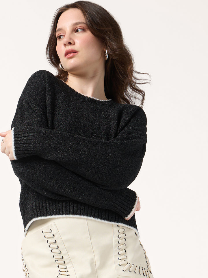 Black Contrast Binding Hem And Neck Sweater