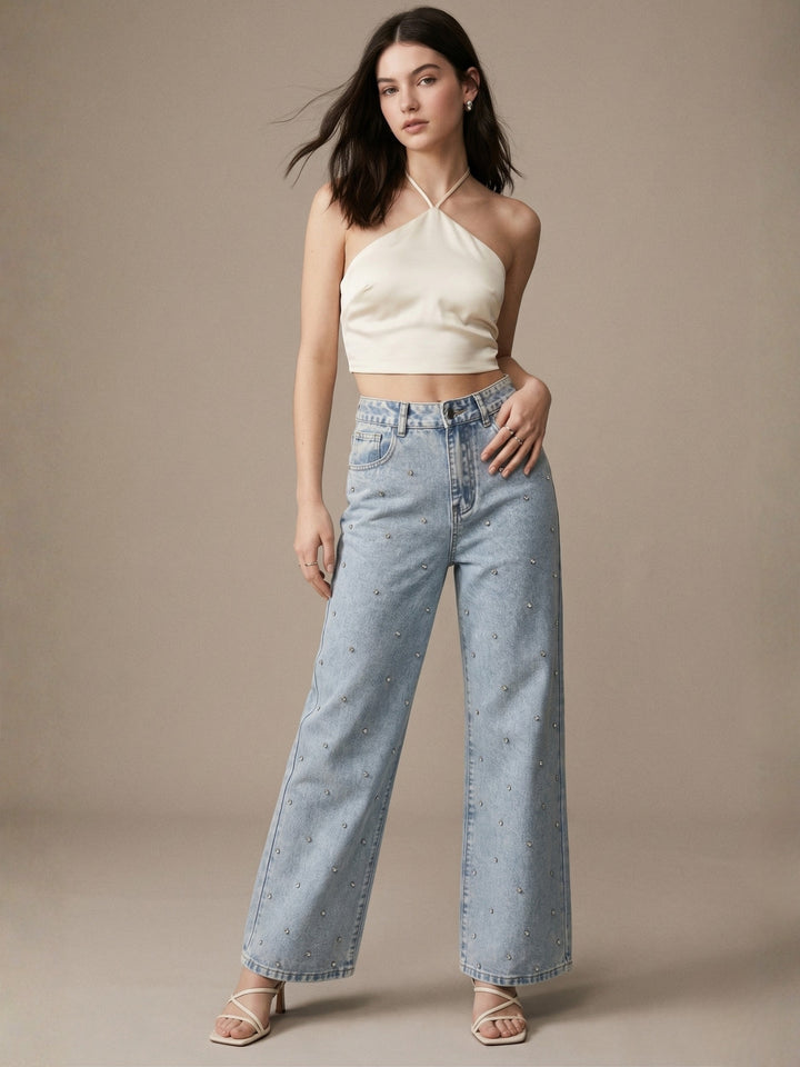 Light Blue All Over Spaced Out Studded Denim