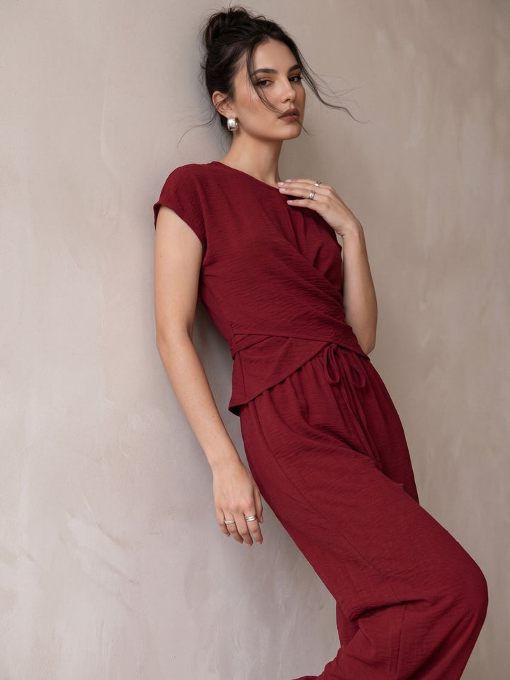 Maroon Wrap Hem Detail Top With Wide Leg Pants Co-Ord Set