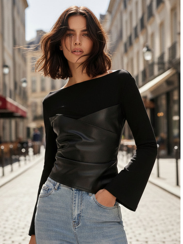 Black Full Sleeve Pu Leather Top