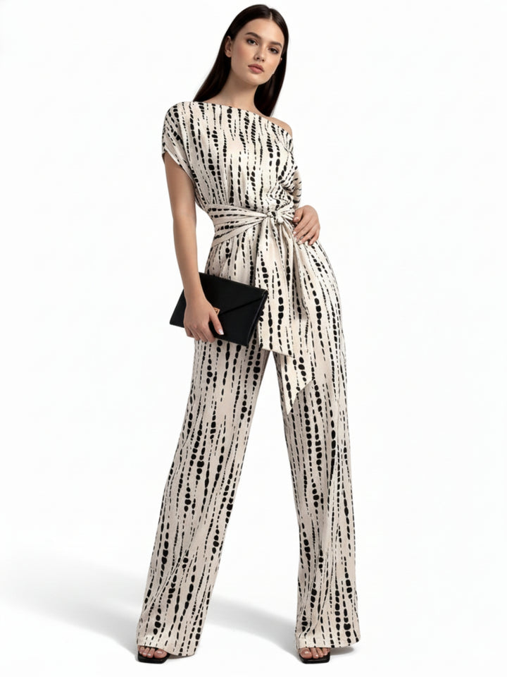 Beige One Shoulder Patterned Jumpsuit