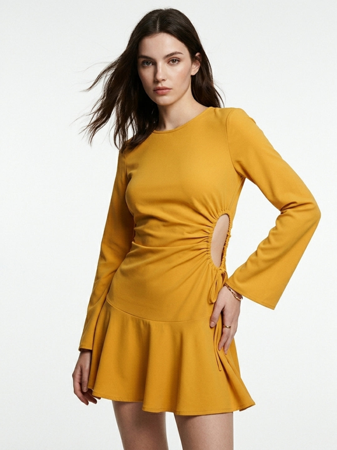 Yellow Bell Sleeve Waist Cut-Out Dress