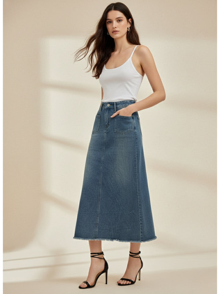 Blue Front Pocket Rough Hem Skirt