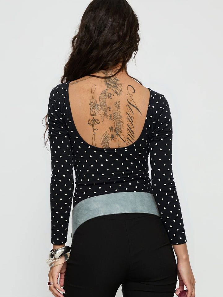 Black Boat Neck Polka Dotted Top