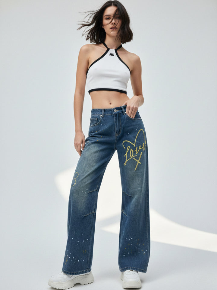 Blue High Waist Printed Jeans
