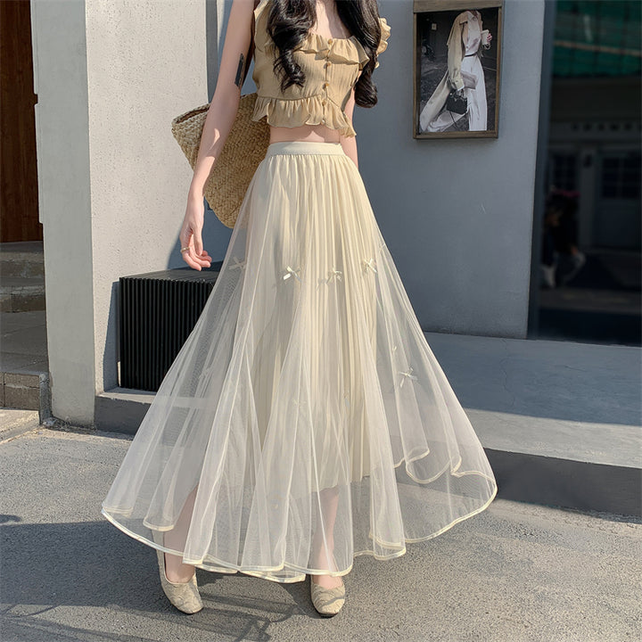 Cream A-Line Tulle Skirt With Bow Detail