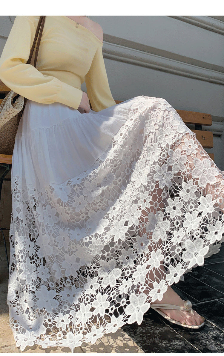 White Solid Skirt With Large Bottom Lace Hem