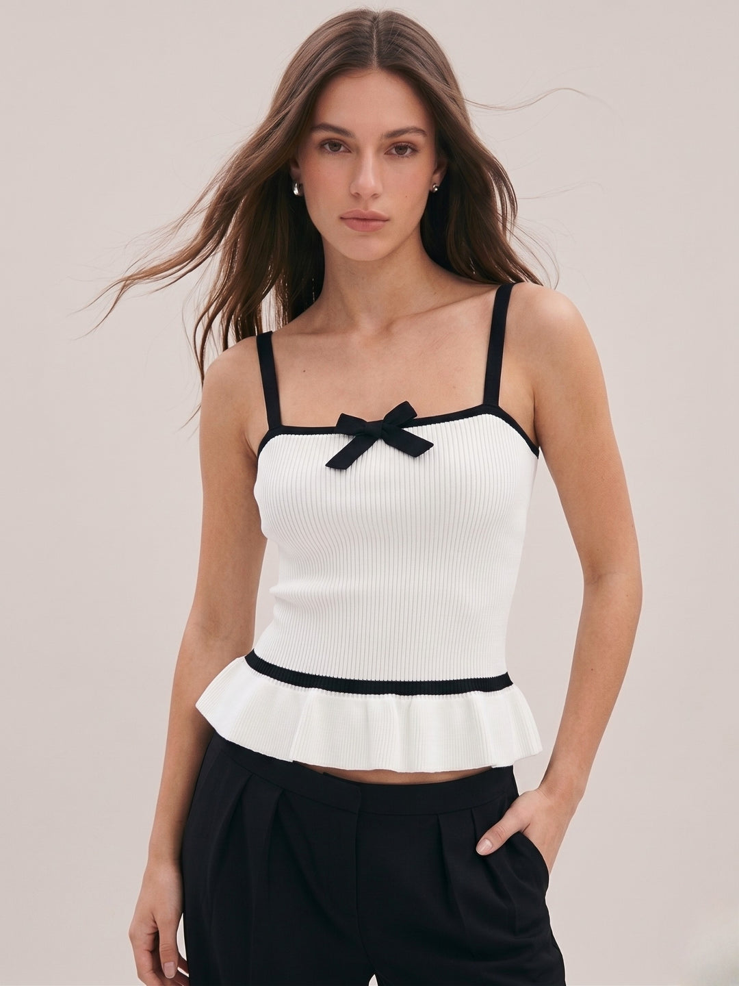 White Strappy Contrast Piping Peplum Top With Small Bow Detail