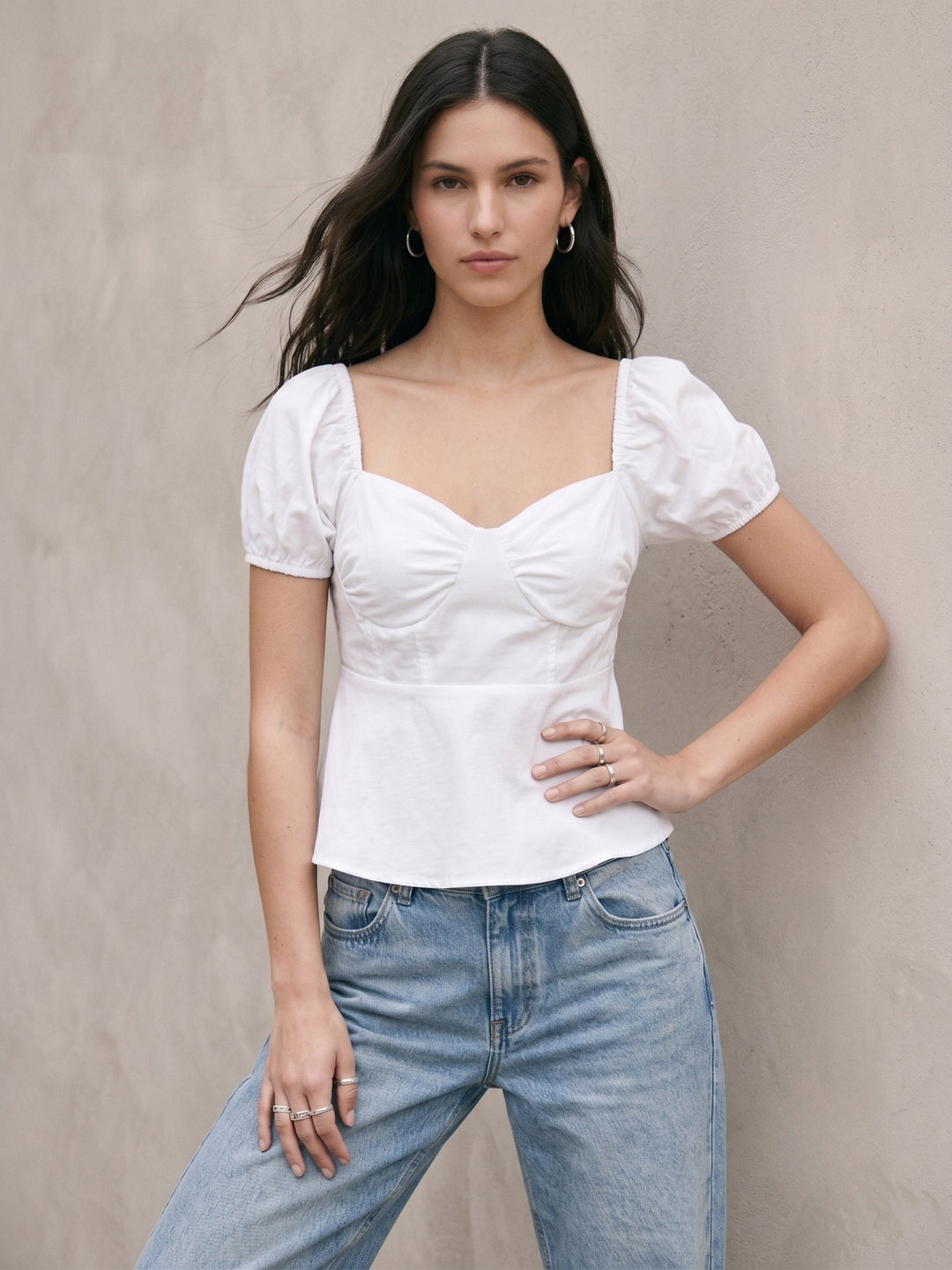 White Puff Sleeve Peplum Style Top