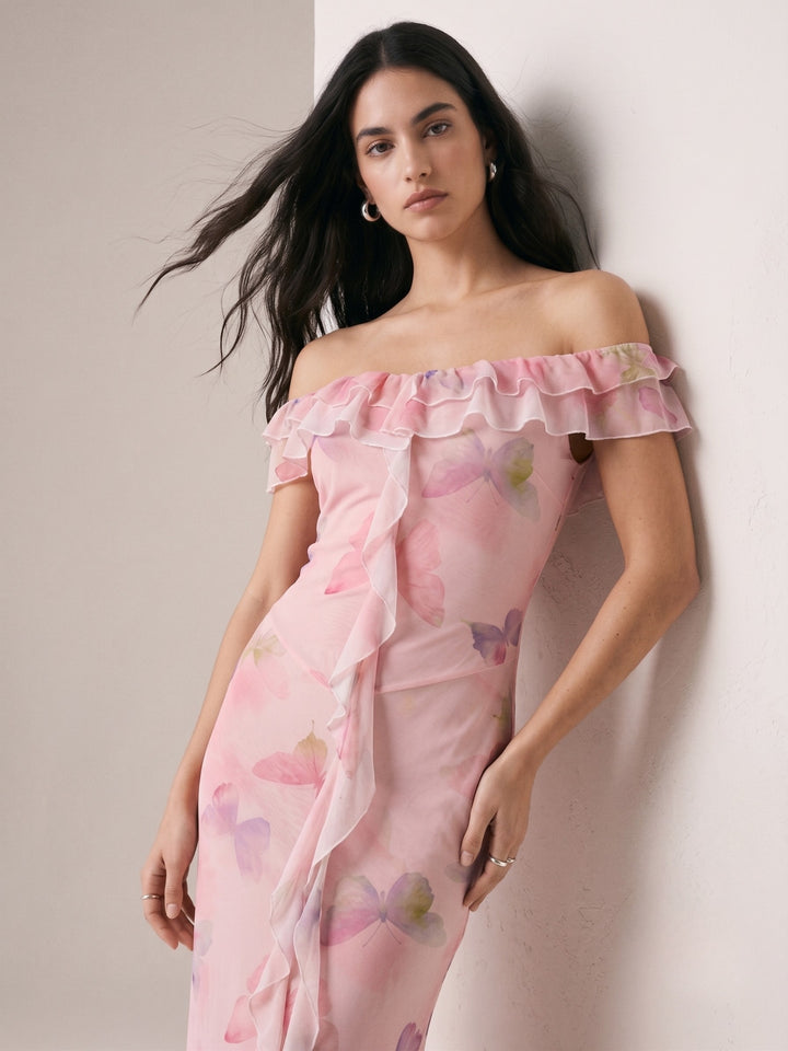 Pink Ruffled Off-Shoulder Printed Dress