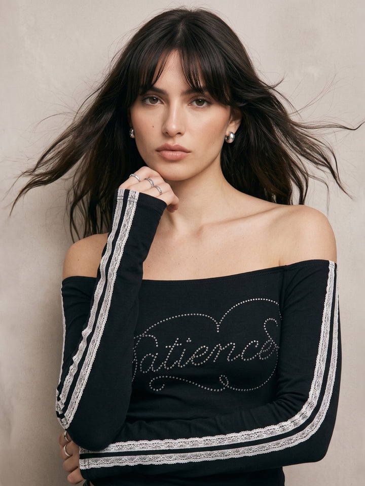 Black Off-Shoulder Graphic Print T-Shirt With Lace Detail On Sleeves