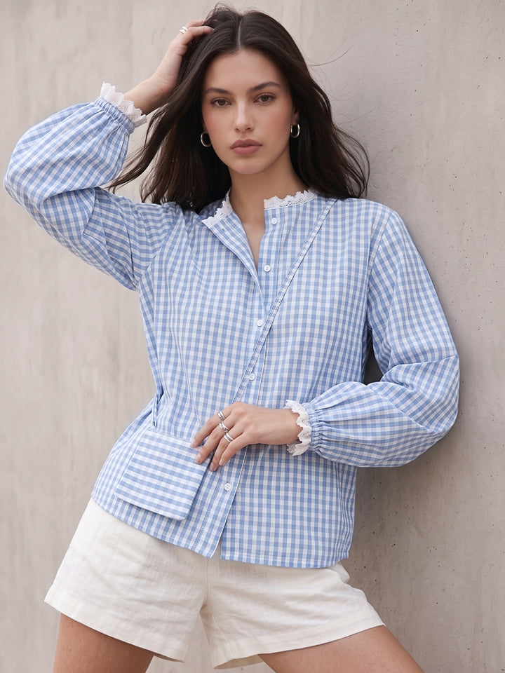 Blue Relaxed Fit Lace Detailed Ghingham Check Cotton Blouse With Self Fabric Bag
