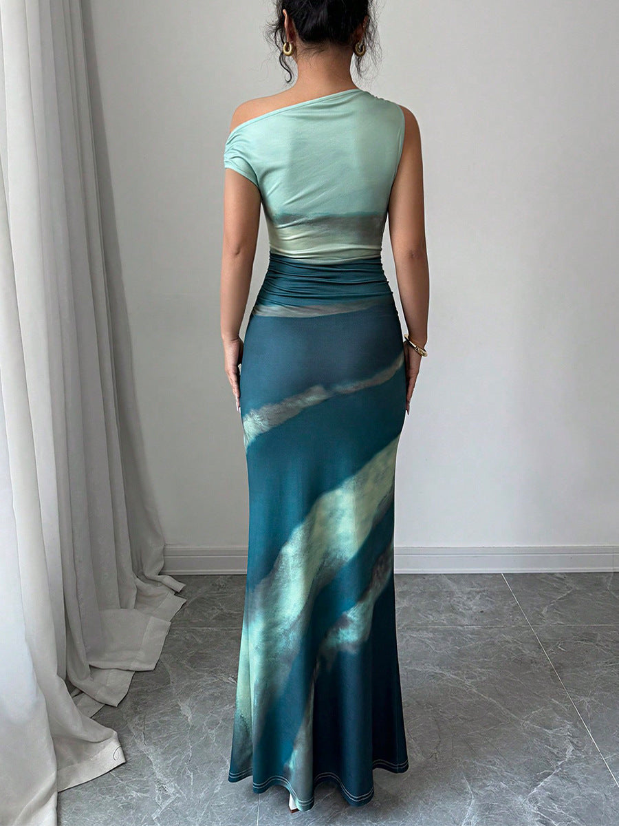 Green One Shoulder Slit Maxi Dress