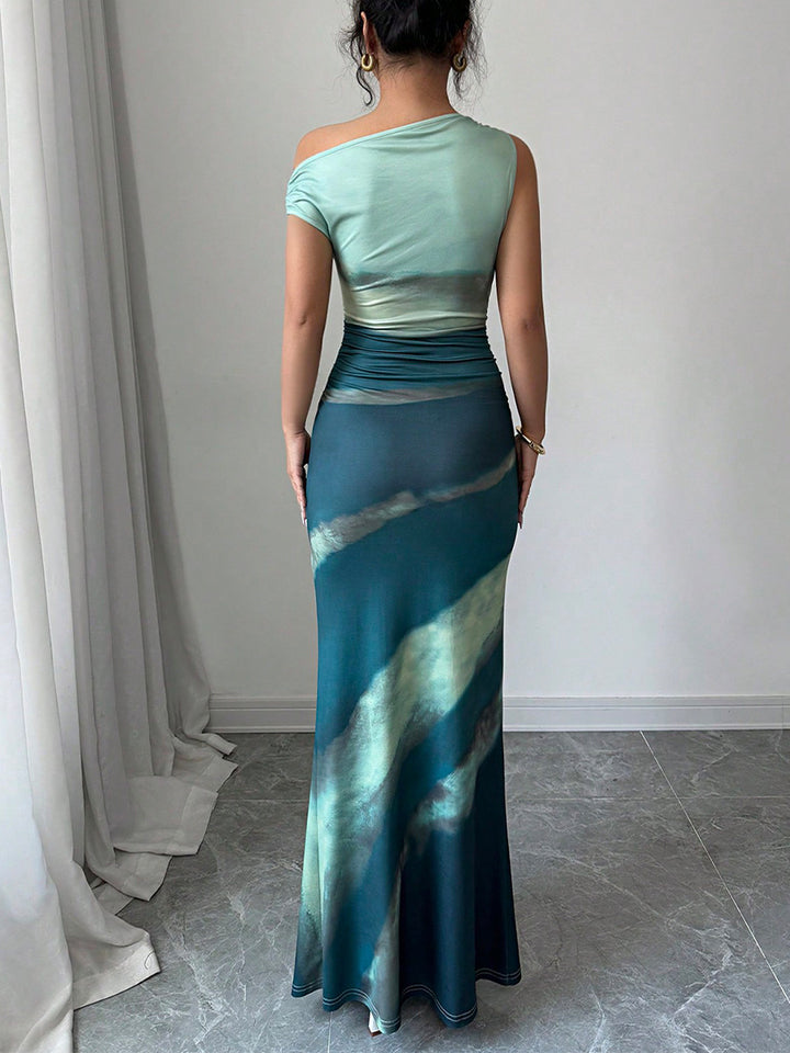 Green One Shoulder Slit Maxi Dress