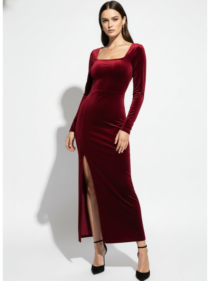 Wine Full Sleeve Square Neck Side Slit Dress