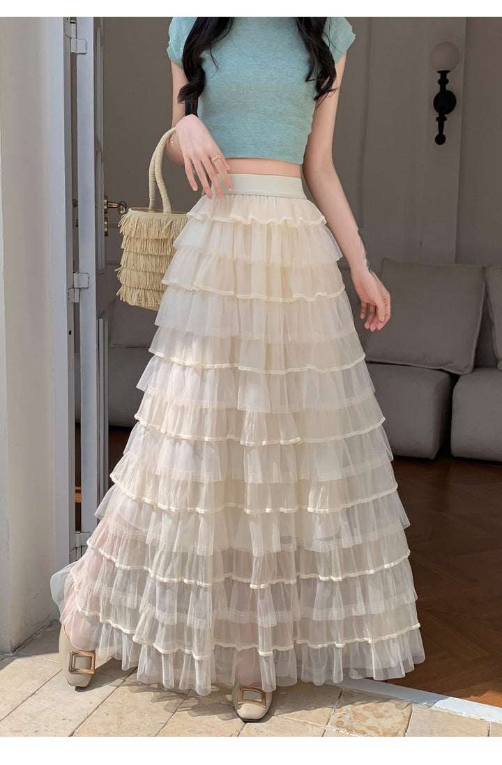 Cream Multi Ruffled Tiered Maxi Skirt