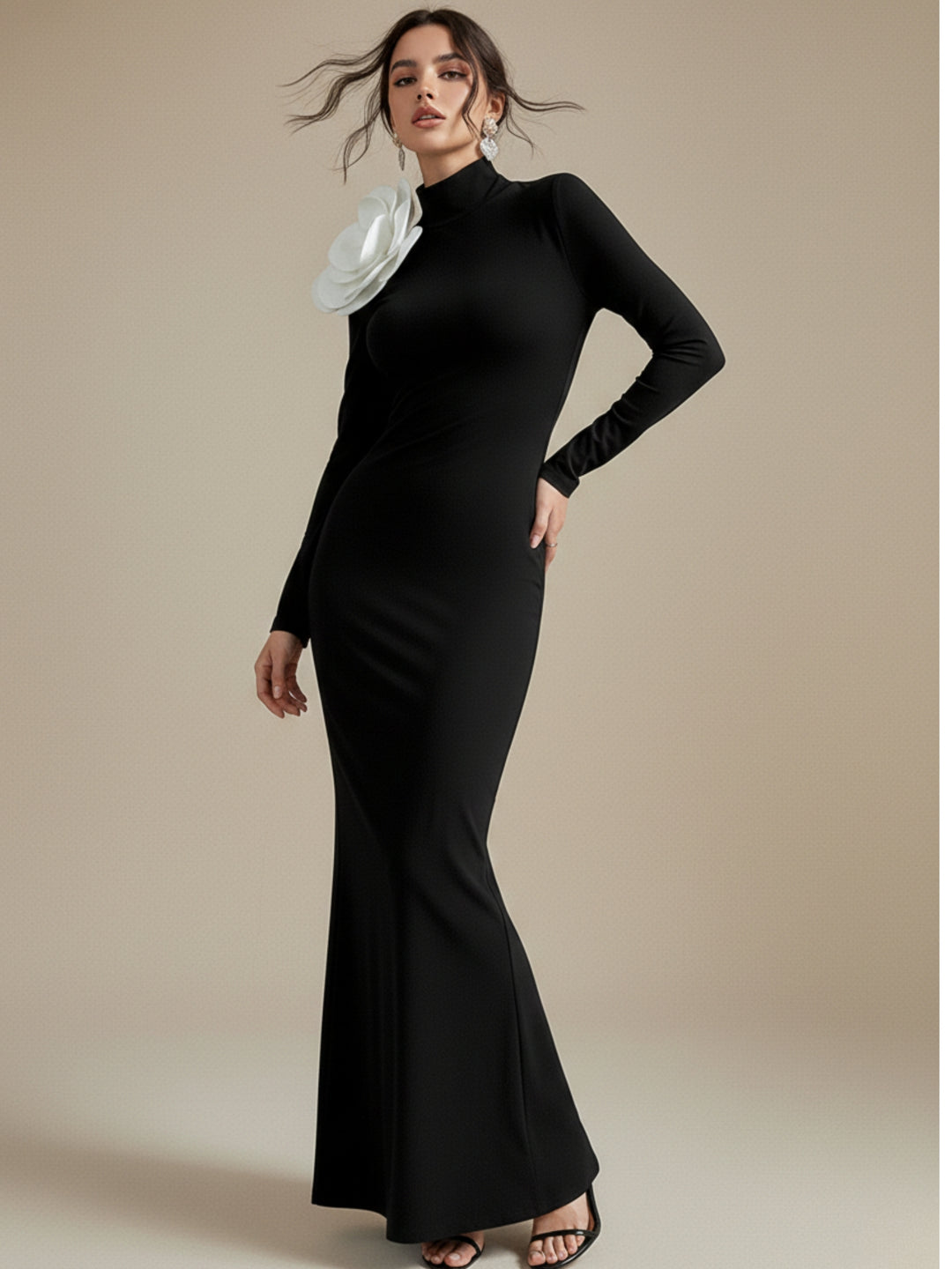 Black High Neck Fitted Dress With Contrast Floral Corsage