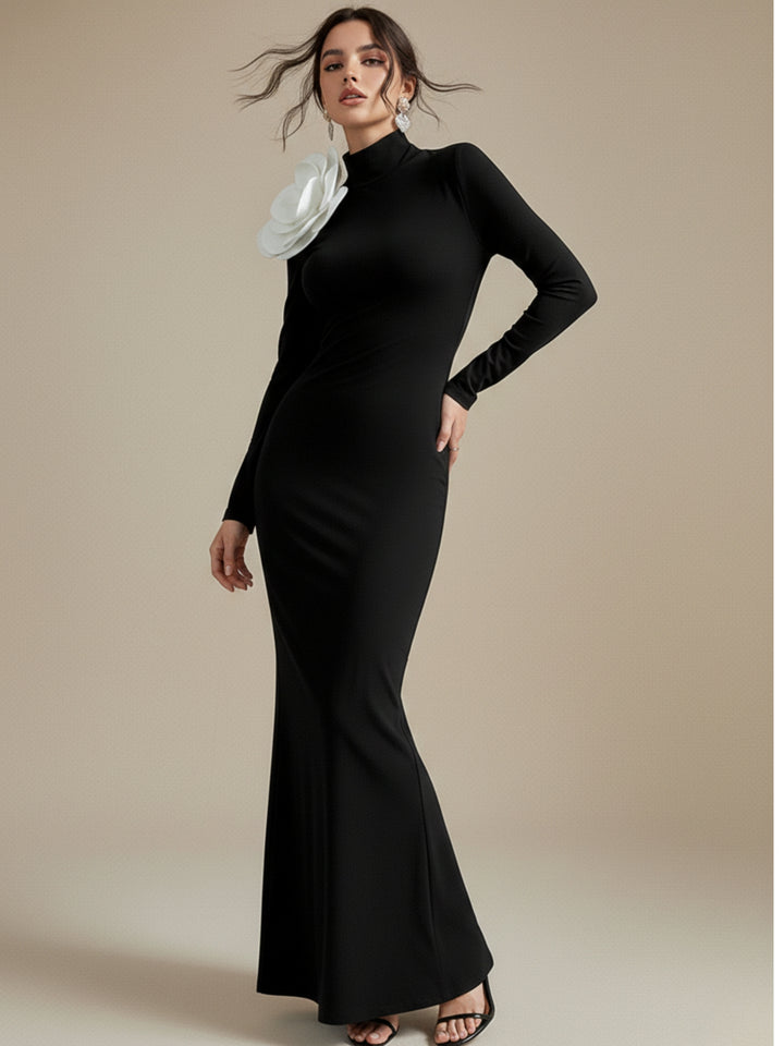Black High Neck Fitted Dress With Contrast Floral Corsage